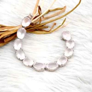 Genuine Rose Quartz Bracelet 925 Sterling Silver Boho Bracelet Gift for wife - Picture 1 of 7