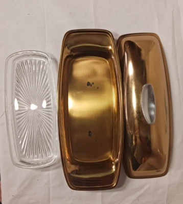 Gorham Butter Dish Metal L775 Gold Colored Giftware MCM Glass Insert No Polish - Image 1 of 4