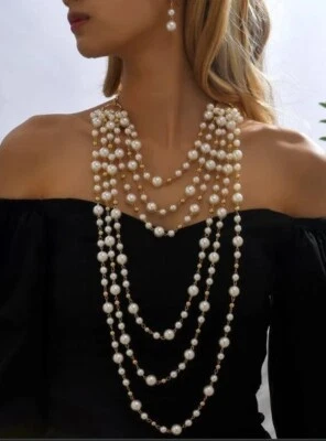 Long White Gold Big Pearl Multi Strand Layered Bead Chunky Jewelry Necklace Set - Image 1 of 4