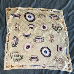 Echo Silk Scarf Tea Party Cup Saucer Spoons Print 30x30 Green Blue Square - Picture 1 of 5