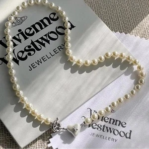 Elegant Faux White Pearl Necklace silver heart Vivian Westwood - Picture 1 of 9