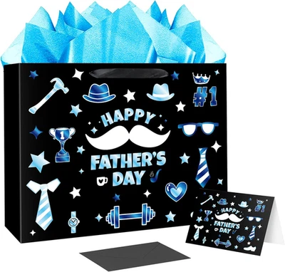 Bolsa de regalo 15,7" extra grande negra y azul feliz día del padre con papel de pañuelo... Foto 1 de 4