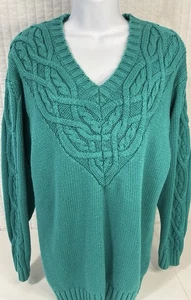 Vintage  Forenza Teal Cable Knit Sweater 80’s-90’s Chunky Vneck Acrylic Med - Picture 1 of 7