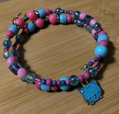 Handmade 15in Wrap Bracelet-Plastic, Glass, Rhinestone Spacers-3 Cat Charms. - Image 1 of 4