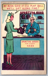 Postcard My Boss Said If I'll Play Ball We'll Get Along Fine Risqué sexist - Picture 1 of 2