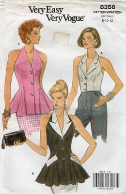 De colección 1992 Vogue 8356 Halter Acampanado Top Tallas 8 10 12 Corte Cuello Variaciones Foto 1 de 4