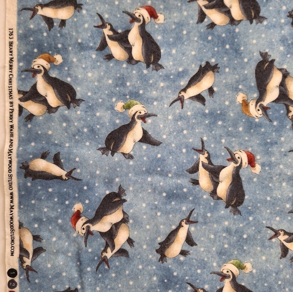 Penguins Blue Beary Merry Christmas Maywood Juvenile Cotton Flannel Fabric 42" L - Image 1 of 4