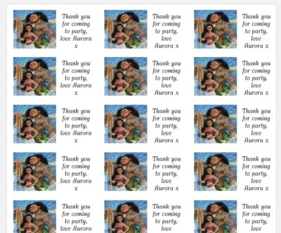 Personalised x 48 Moana Maui Stickers Labels Party Bag Sweet Cones Thank You - Image 1 of 3
