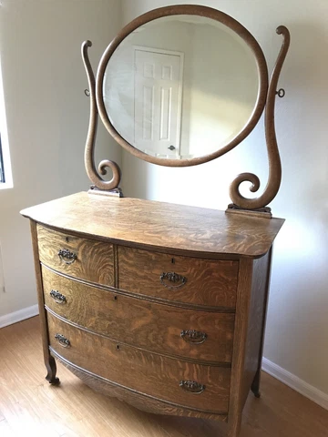 American Quarter Sawn Oak Barrel Front Dresser With Beveled Mirror Cover