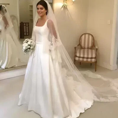 Elegant Wedding Dresses Square Neck With Pockets Backless Satin Bridal Gown - Image 1 of 4