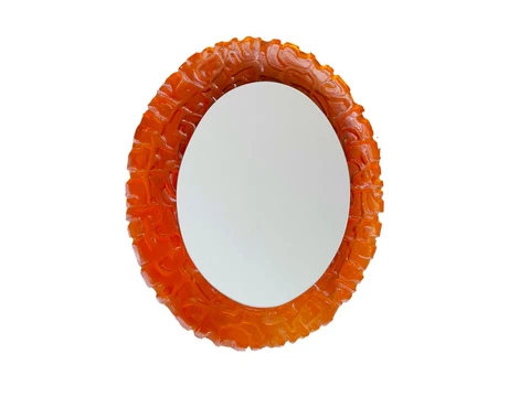 Vintage 70s orange acrylic glass OVAL backlit wall mirror Hillebrand Germany Cover