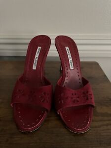 Manolo Blahnik Laser Cut Slide Sandals  Suede Size 38.5 Open Toe Raspberry Red