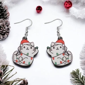 Acrylic Christmas Cat Earrings Dangle Tangled Lights Fashion Jewelry Accessory - Picture 1 of 5