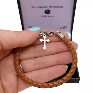 Boys Leather Bracelet with Cross, Gift for First Communion, Baptism, Christening - Picture 1 of 5