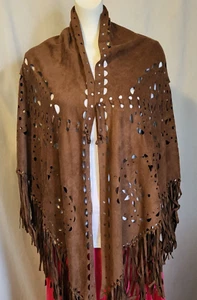 Steve Madden NWOT Western Poncho Wrap Brown Faux Suede Cutouts & Tassels, OSFA - Picture 1 of 6
