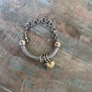 Old Collectible Handmade Brass & Dangling Heart Man Hand Bracelet  3 x 2" - Picture 1 of 9