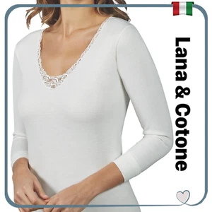 Maglia intima da donna in lana e cotone manica lunga con pizzo intimo invernale - Zdjęcie 1 z 3