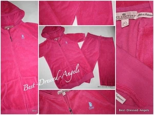 NWOT JUICY COUTURE Hot Pink Terry Tracksuit Hoodie Jacket Cropped Pants Girl 12 - Picture 1 of 6