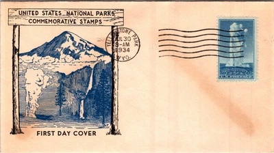 UNITED STATES 1934 CACHET FDC COVER NATIONAL PARK YELLOWSTONE UNADDR & POSTMARK - Image 1 of 2