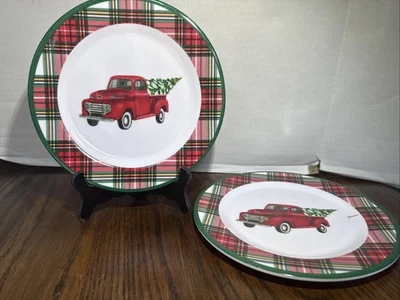 "Juego de 2 platos de ensalada de plástico a cuadros para camión rojo y árbol de Navidad de 8""" Foto 1 de 4