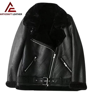 Women"s Black Shearling Leather Jacket | Winter Biker Coat by Articraft Leather - Picture 1 of 3
