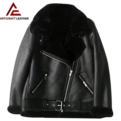 Women Black Shearling Leather Jacket | Winter Biker Coat by Articraft Leather - Image 1 of 3