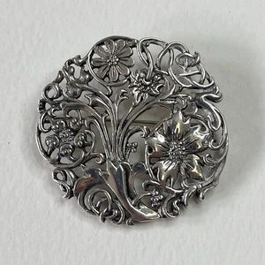Vintage Sterling Silver Floral Brooch: Art Nouveau H&H Hand Hammer Pin - Picture 1 of 4