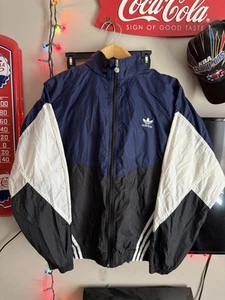 1990s Adidas Retro Vintage Color Block Blue Black and White Windbreaker Jacket - Picture 1 of 21