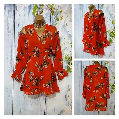 RIVER ISLAND Red Floral Blouse Size 14 Cold Shoulder Semi Sheer Party Top - Image 1 of 4
