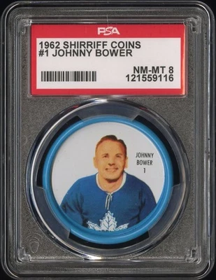 1962 Shirriff Coins Johnny Bower #1 PSA 8 - Image 1 of 2