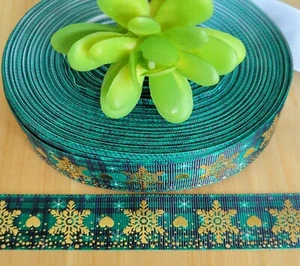 1" (1 YD) Snowflake Grosgrain Ribbon Gold Foil Buffalo Plaid Christmas Ribbon - Picture 1 of 1