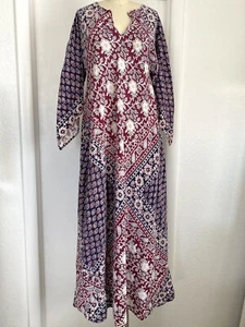 Vintage 70's Hippy Indian Block Print Cotton Caftan Kaftan Maxi Butterfly Sleeve - Picture 1 of 9