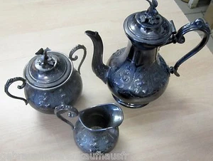 Silber Kaffeekanne+Zuckerdose+Milchkanne im SET versilbert-viktorianische Kunst - Picture 1 of 13