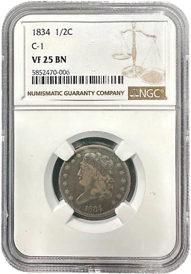 1834 Half Cent Classic Head C-1 Variety VF25 NGC - Image 1 of 4