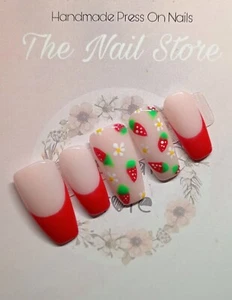 Hand Painted Strawberry Blossom Gel Polish Press On False Nails - Picture 1 of 4