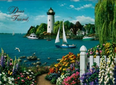 SB Thinking Of You White Lighthouse Sail Boats Flowers Ocean Greeting Card