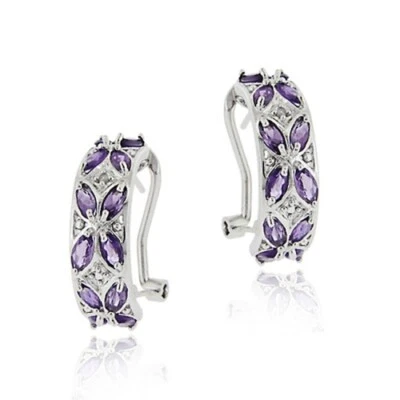 925 Silver 3.36ct Amethyst & Diamond Half Hoop Earrings - Image 1 of 3