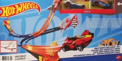 Hot Wheels DNR54 Stunt Tracks Drop Down Challenge Steilrampen Duell mit 2 Autos