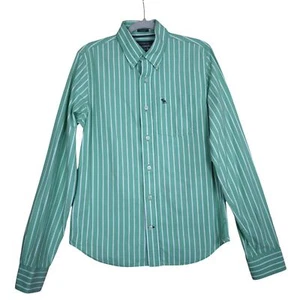 Abercrombie & Fitch Mens Muscle Button Down Shirt Size Medium Green White Stripe - Picture 1 of 10