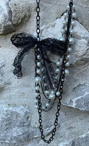 ✅Black Metal Chain Lace White Beads 5 Strand Long Necklace Victorian Flapper 32" - Picture 1 of 8