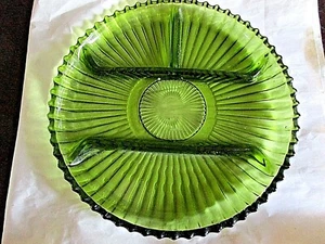 * Green National Indiana Glass Divided Relish Dish 10" Platter  - Picture 1 of 3