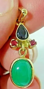 18 cts gold pendant with natural colombian emerald, 2 rubis 1 sapphire - Picture 1 of 10