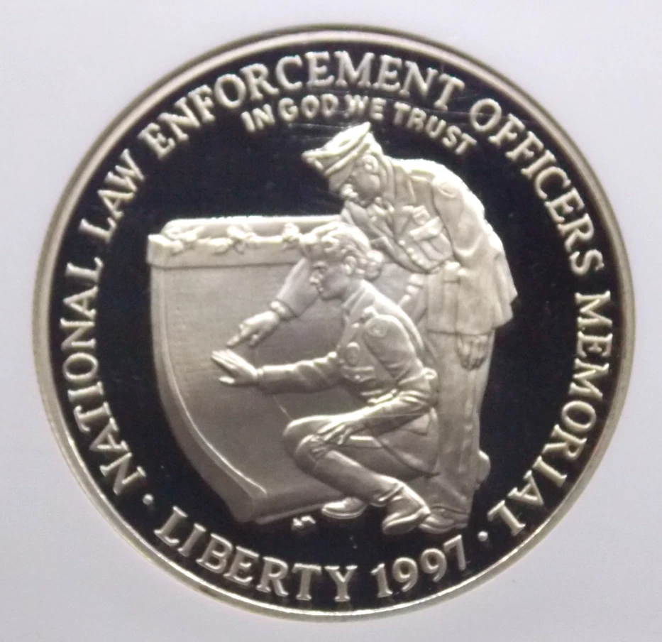 1997 "P" PROOF National *LAW ENFORCEMENT* Silver Dollar $1 NGC PF70 UC #002 - Image 1 of 4