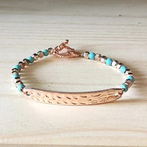 Copper Tone Beaded Bracelet Toggle Clasp Turquoise Dyed Howlite Handmade 7.25" A - Picture 1 of 9