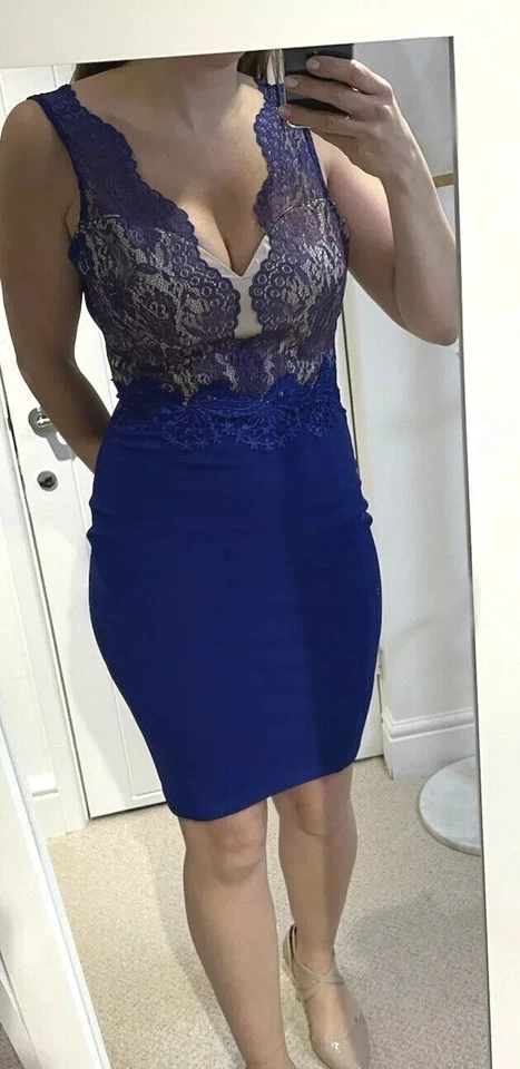 Lipsy Blue Cream Bodycon Dress 14 UK Lace Party Occasion Evening Wedding Xmas - Image 1 of 4