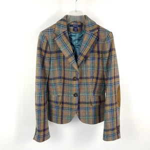 Gant Tweed Blazer Damen Gr. 34 XS Braun Blau Kariert Wolle Jacke Leder-Patches - Picture 1 of 7