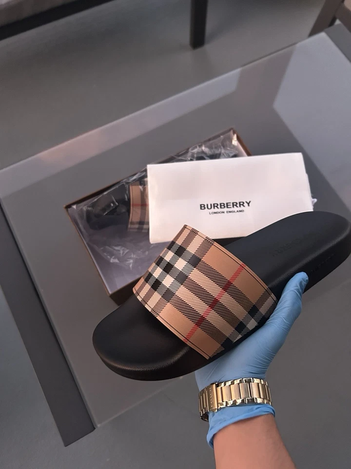 Burberry Women's Furley Vintage Check Slides Size 7 - Beige/Brown 8024232 - Image 1 of 4