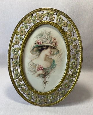 Marco de fotos ovalado vintage ornamentado floral esmaltado estrás 4" x 6" Foto 1 de 4