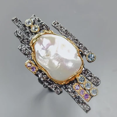 Handmade Natural Baroque Pearl Ring 925 Sterling Silver Size 8 /R437669 - Image 1 of 4