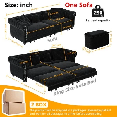 Convertible Sleeper Sofa w/Pull Out King Bed, Chesterfield Sofa Couch Chaise Bed - Image 1 of 4